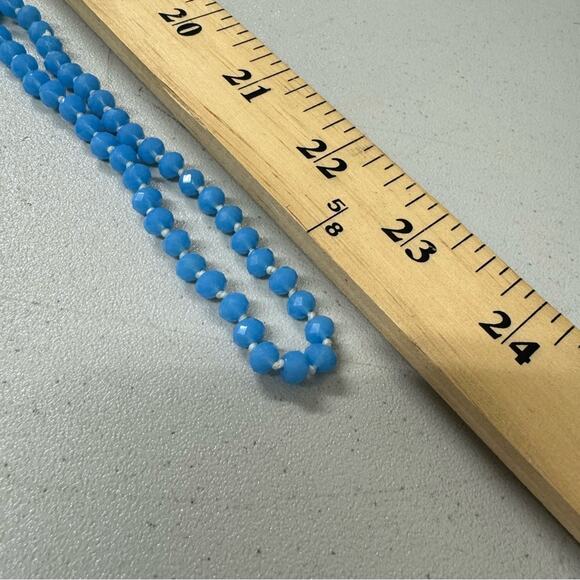 Teal Blue Fauceted Bead Necklace Extra Long Gold Clover Fringe Charm - Picture 2 of 6